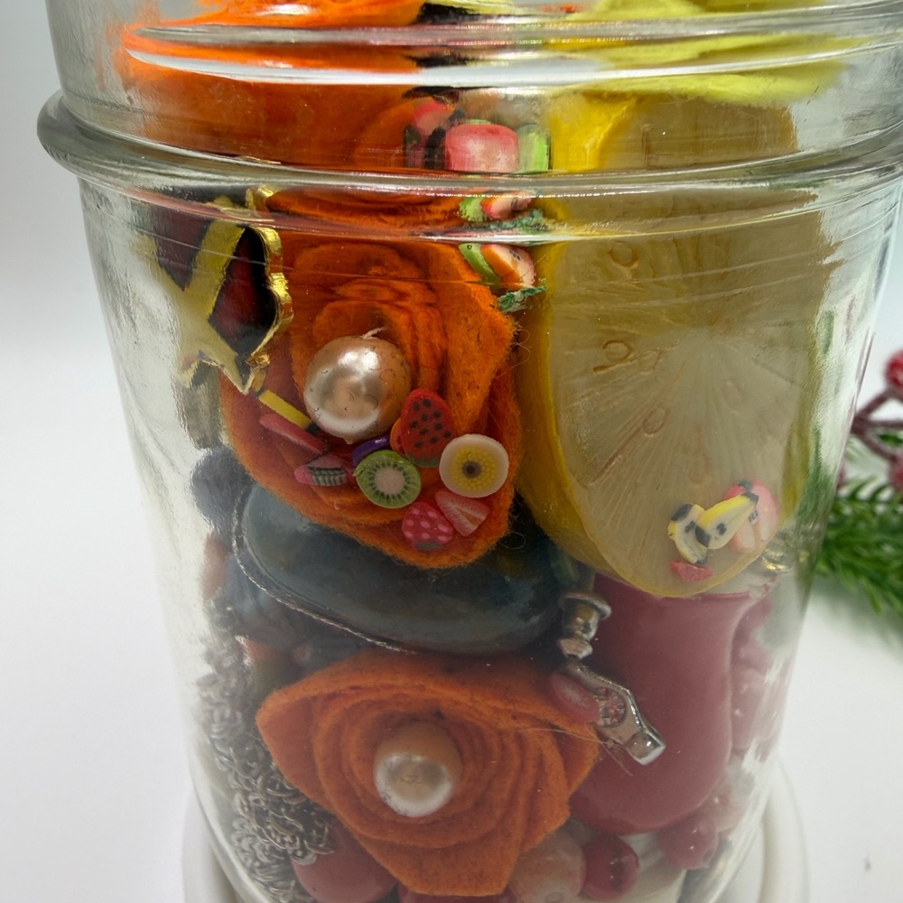 Colorful Jewelry Jar with Beads, Pendent, Wooden Fruit, Pearls, Ring & Watch